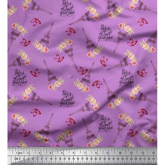 Soimoi Cotton Jersey Fabric Text,Floral & Eiffel Tower Architectural Printed Fabric 1 Yard 58 Inch Wide
