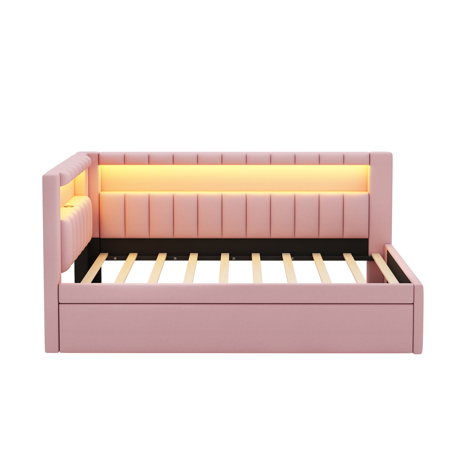 Euroco Upholstered Twin Size Daybed with Trundle, USB Charging Station and LED Light, Pink