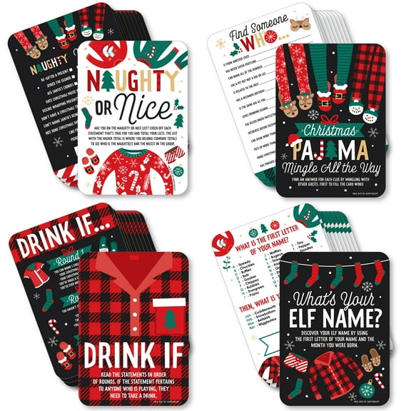 Big Dot of Happiness Christmas Pajamas - 4 Holiday Plaid PJ Party Games - 10 Cards Each - Gamerific Bundle