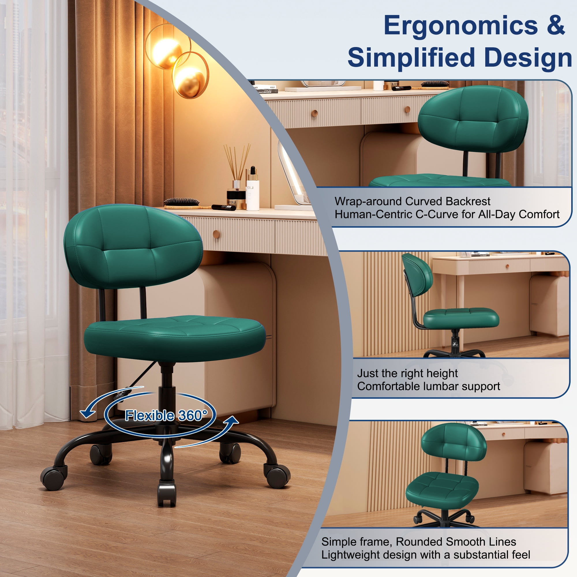 Misolant Vanity Chair with back, Small Armless Cute office Chair with wheels and Lumbar support, Comfy PU Leather Desk Computer Chairs with Adjustable Height, 360°Swivel for Home Bedroom Office