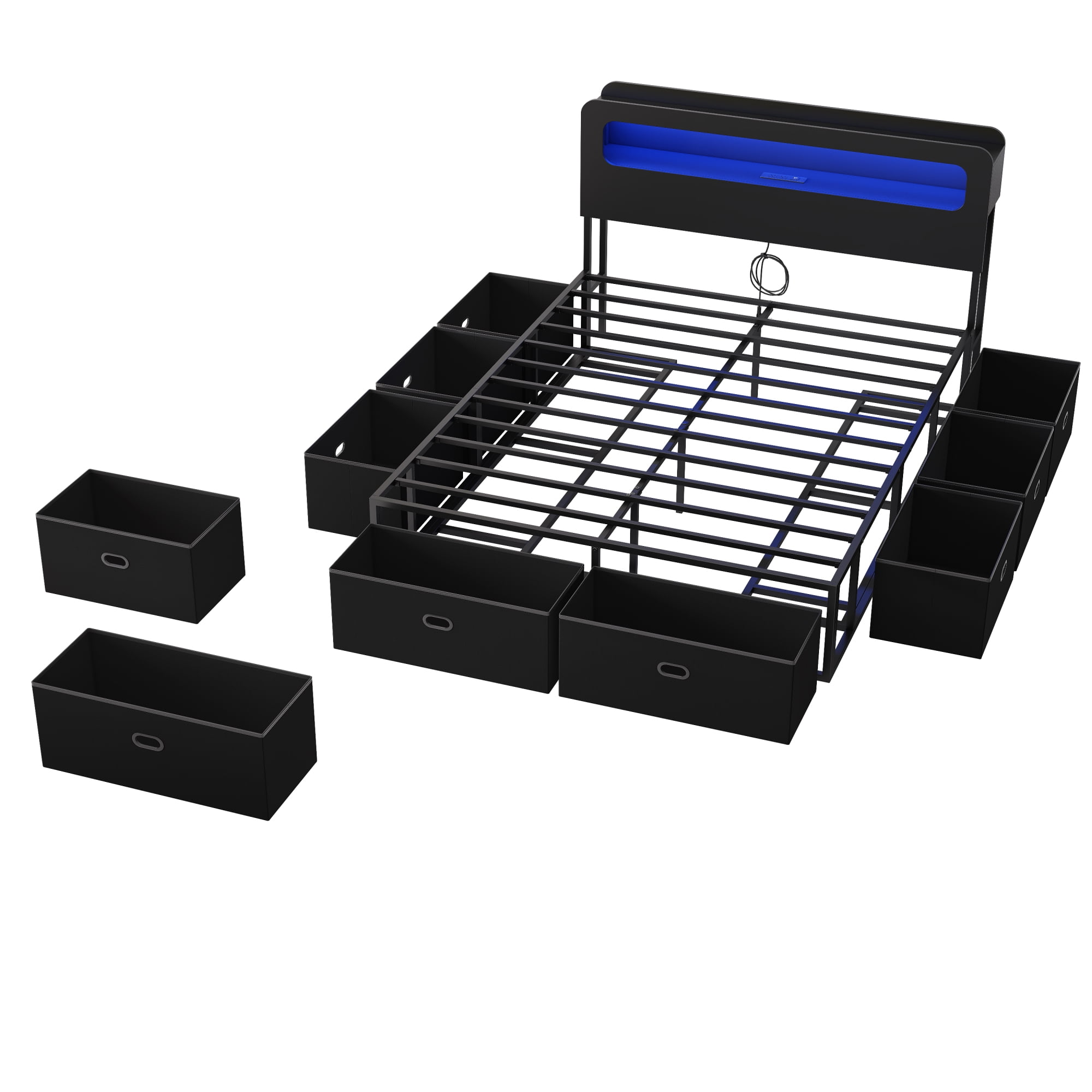 Leumius Queen Size Bed Frame with 8 Storage Drawers,Metal Platform Bed with 2-Tier Storage & LED Light Headboard, Charging Station, USB Port & Type C,No Box Spring Needed,Black
