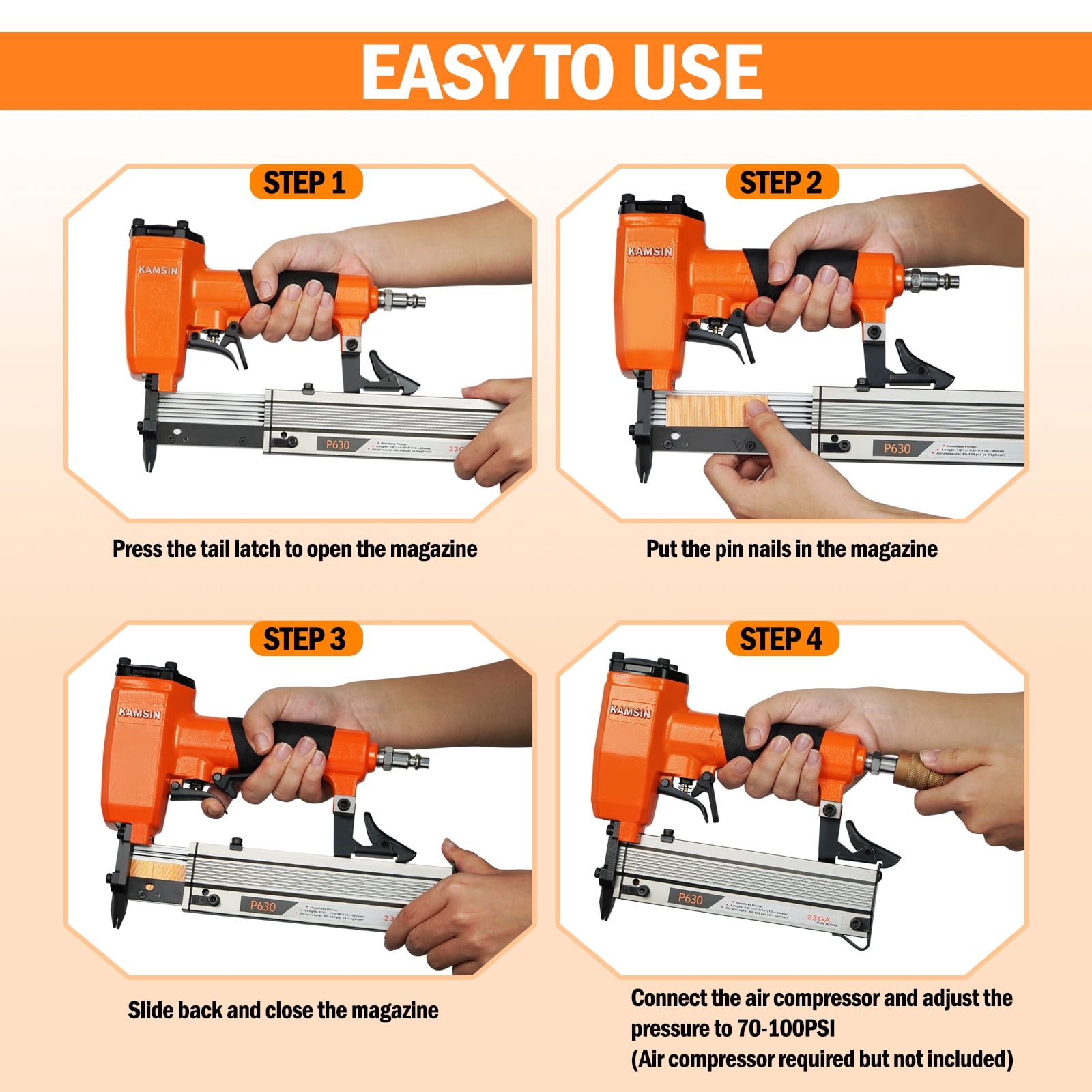 KAMSIN P630 Pneumatic 23 Gauge Pin Nailer Accepts 3/8" to 1-3/16" Pin Nails, Micro Pinner Gun for Assembly and Woodworking Projects