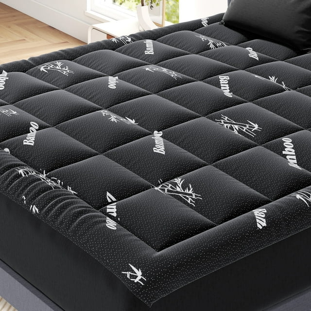 edx Protector de Colchón Individual Protector de Colchón Engrosado con Relleno de Viscosa de Fibra de Bambú, Transpirable, Suave, Refrescante, Negro, 39" x 75"