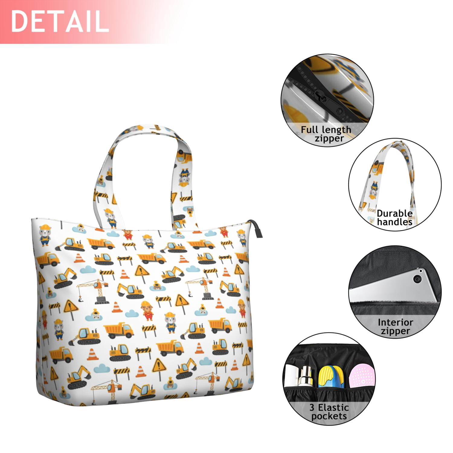 Cartoon Construction Vehicles Animals Travel Tote Bags for Women Carry On,Large Weekender Bags for Women Travel,Multi Functional Duffle Bag for Work,Shopping,Sports