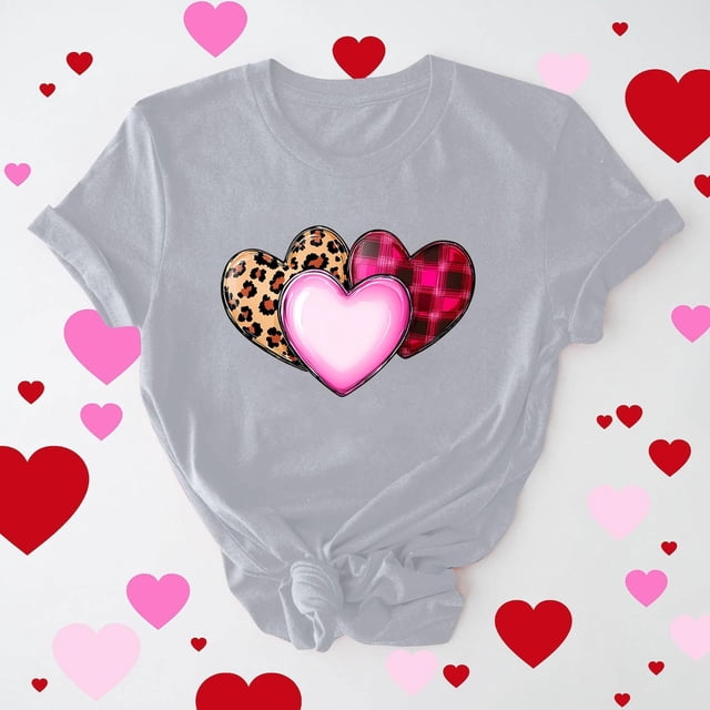 Leodye Cadeau de la Saint-Valentin pour Femmes, Manches Courtes, Col Rond, Coupe Ample, Trois Imprimés en Forme de Cœur, Gris m(m)