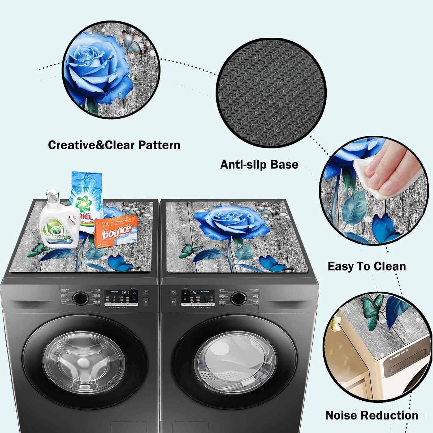 Flowers Washer Dryer Top Cover Mat Dust Cover Pad for Washer Dryer,Creative Anti-slip Washing Machine Top Protector Mat for Laundry Room (Laser Gilding, 23.6" x 19.7")
