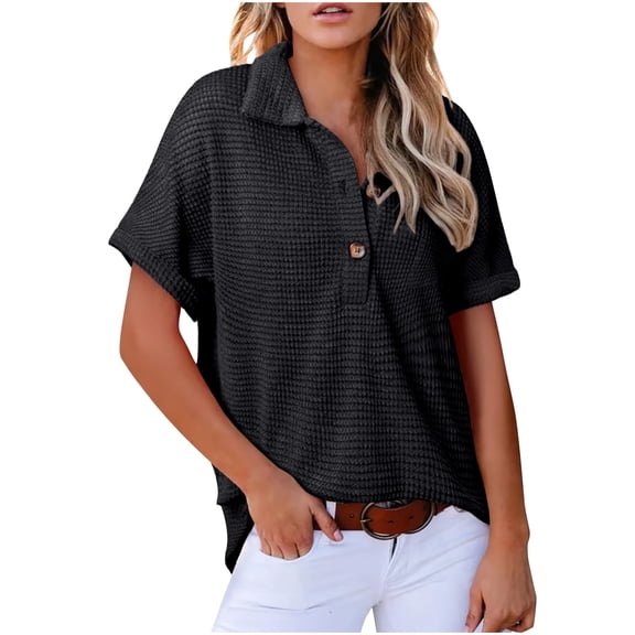 Women's Tops, Waffle Knit Sweater Tops for Women Collared V Neck Short Sleeve Casual Shirts Loose Fit Summer Tunic Tops Blouses