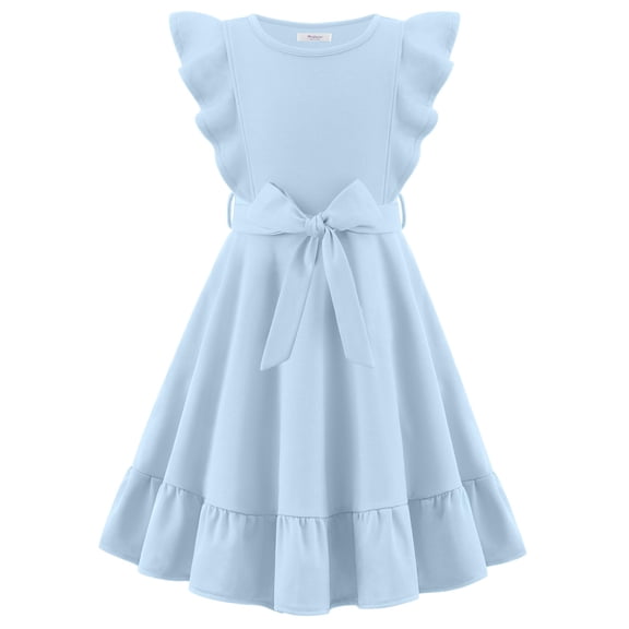 Arshiner Girls Spring Summer Dresses Flutter Sleeve A-line with Belted Pockets Casual Party Dress