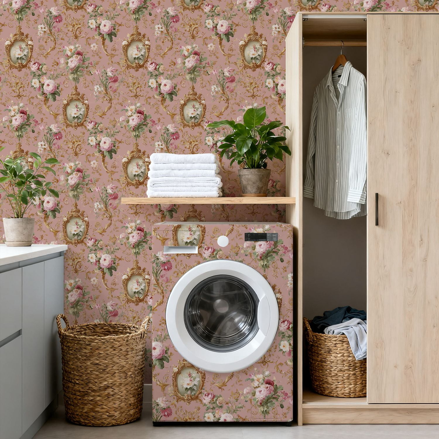 Peel and Stick Wallpaper Vintage Floral Gold Frames Soft Pink Wall Mural 17.7in x 9.8ft Self Adhesive Removable Wall Paper Renter Friendly Wallpaper for Bedroom
