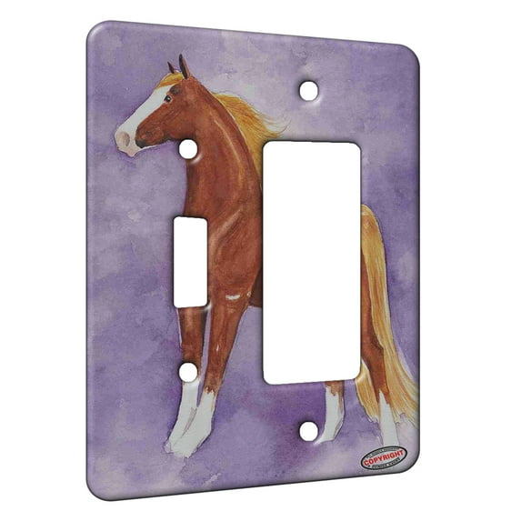 KuzmarK™ 2 Gang Single Toggle / Single Duplex Rocker Wall Plate - Flaxen Chestnut American Saddlebred on Purple Horse Art by Denise Every