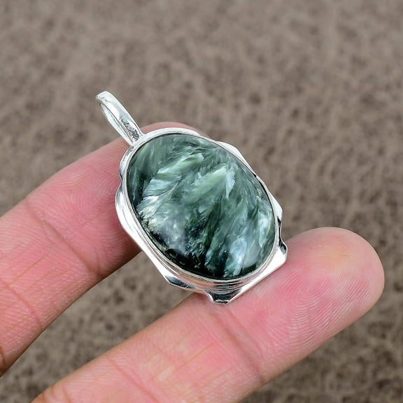 925 Sterling Silver Seraphinite Gemstone Handmade Jewelry Pendant 1.69"