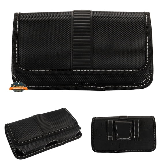 For Apple iPhone 16 Plus (6.7") Rugged Canvas Cellphone Belt Clip Cover Holster Pouch Holder with Belt Loops Universal Horizontal Carrying Case - Black