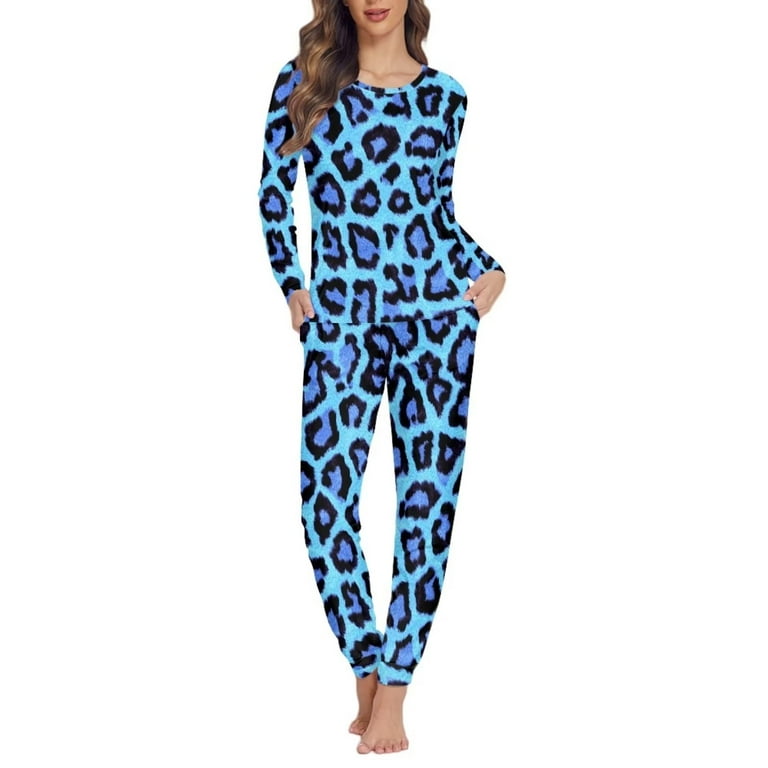 Renyoinou Pajamas for Women Blue Leopard Printed Sweatpants Cozy Up Breathable Pajamas Top and Pants Home Life Sleep Nightwear Size 6XL