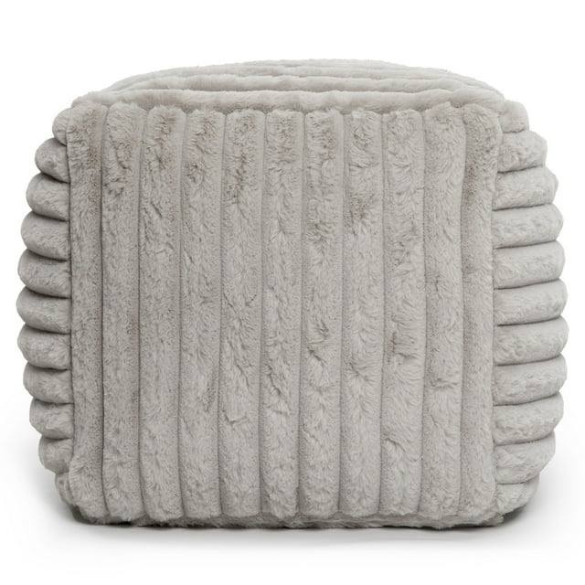 Silver 16-inch cube pouf ottoman with soft faux fur cover featuring vertical ribbed design, filled with polystyrene beads for comfort.