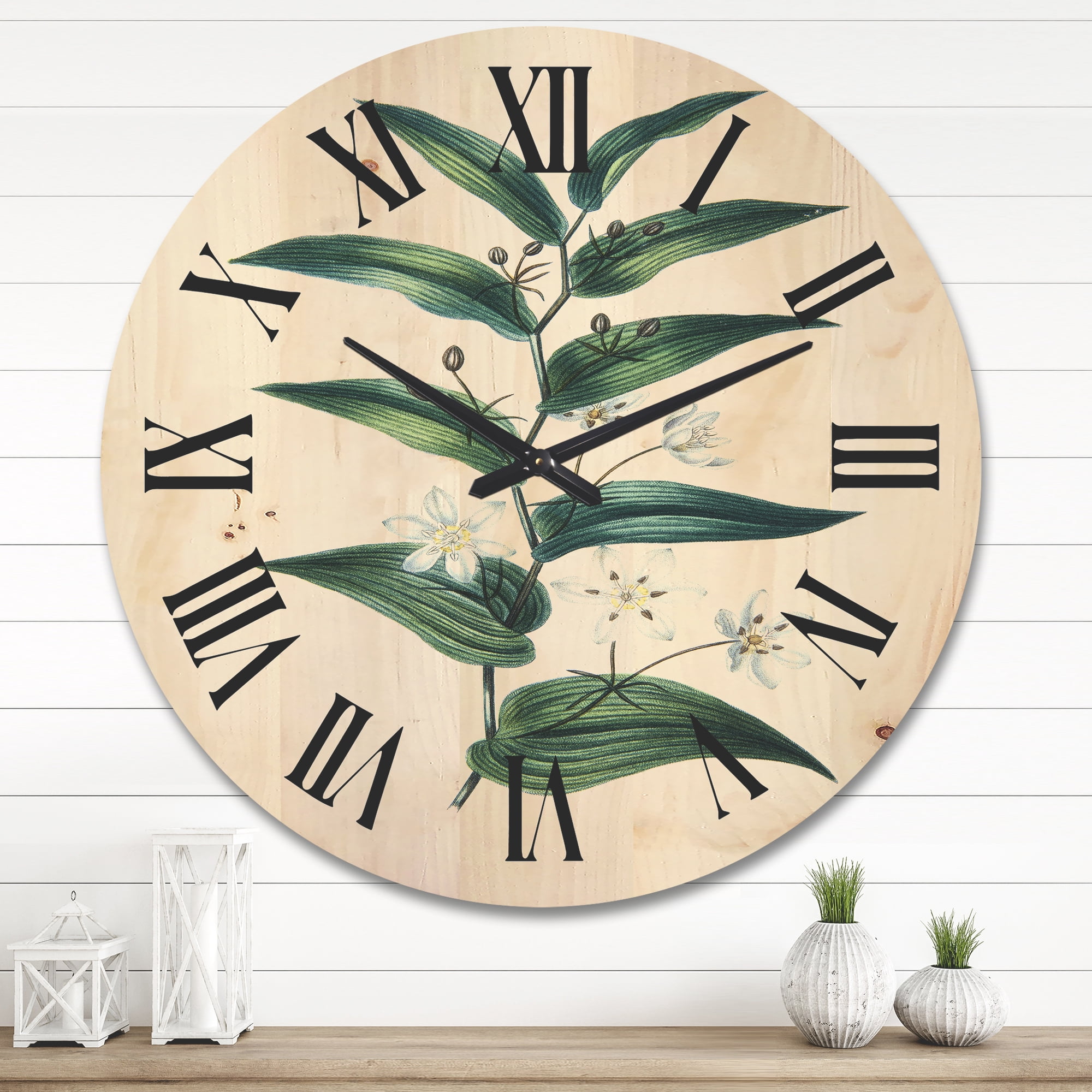 Designart 'Little White Flowers With Ancient Plant' Farmhouse Wood Wall Clock