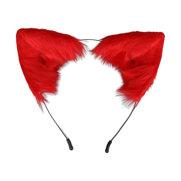 Diadema con orejas de animal de peluche para adultos, aro para el pelo con orejas para cosplay, tocado Rojo