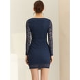 thumbnail image 4 of Mini vestido ajustado elegante de malla transparente de manga larga con encaje elástico para mujer Azul Marino M, 4 of 6