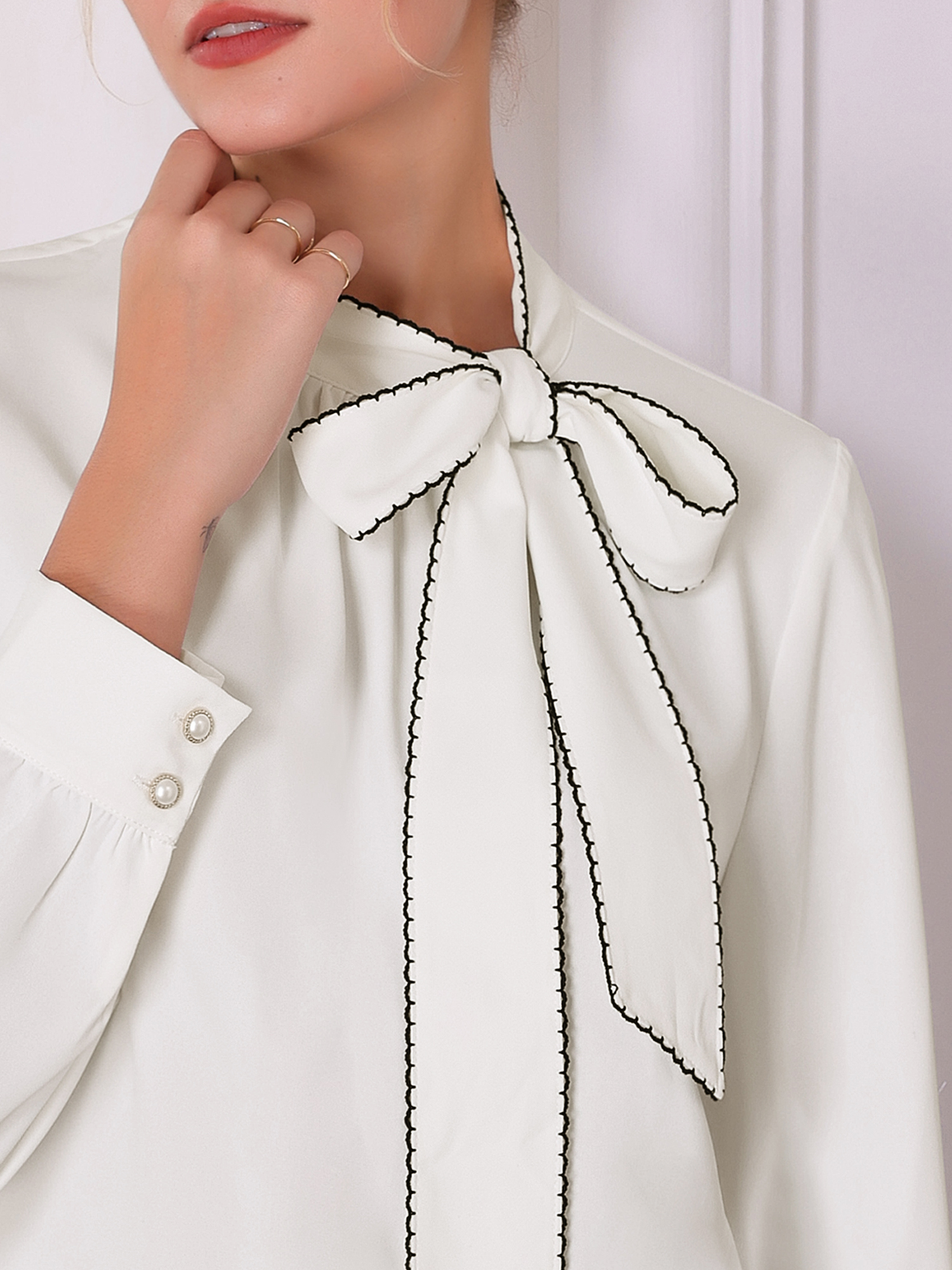 DARING DIVA Women's Elegant Women's Blouse with Bowtie Long Sleeve S White