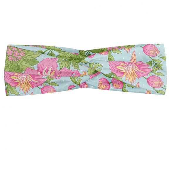 Floral Headband, Tropical Hibiscus Blooms with Victorian Exotic Botany Buds Theme, Elastic and Soft Women's Bandana for Sports and Everyday Use, Grey Red Coconut, by Ambesonne