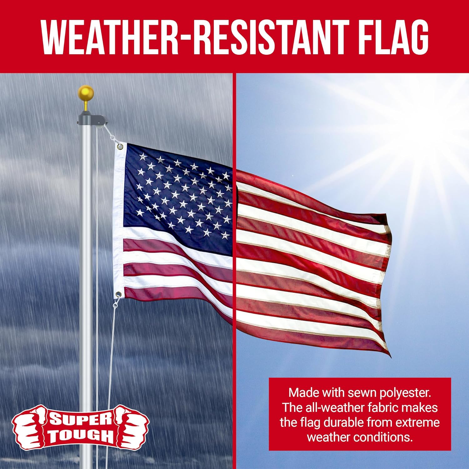 Super Tough 5Ft x 8Ft American Flag - Heavy Duty Polyester USA Flag with Embroidered Stars and Sewn Stripes Suitable for All Weather - Red/White/Blue