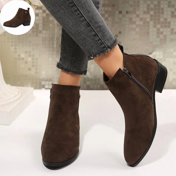 Willtoo Boots for Women Faux Suede Round Toe Ankle Booties, Metal Rose Decor Low Block Heel Short Boots, Side Zipper Comfort Fall Winter Shoes