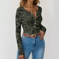 thumbnail image 6 of Women's Ribbed Knit Camo Henley Shirts Plus Size V Neck Fitted Long Sleeve Button Down Tunic Tops, 6 of 6