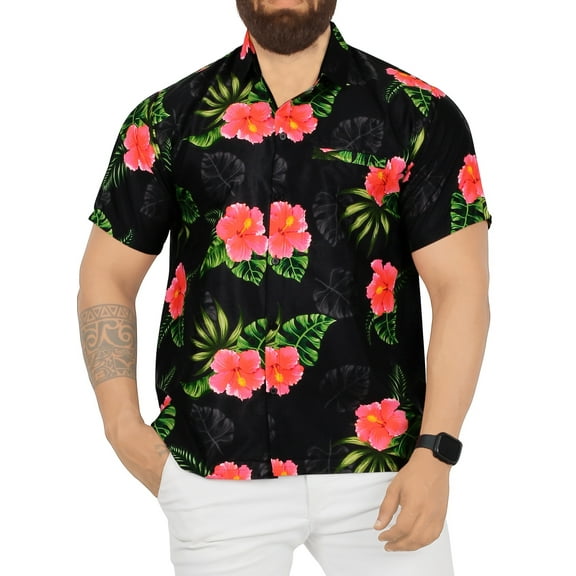 LA LEELA Men's Hawaiian Shirts Short Sleeve Button Down Shirt Floral Shirt Men Casual Holiday Summer Party Caribbean Shirts for Men Funny S Hibiscus Palm Leaves, Black