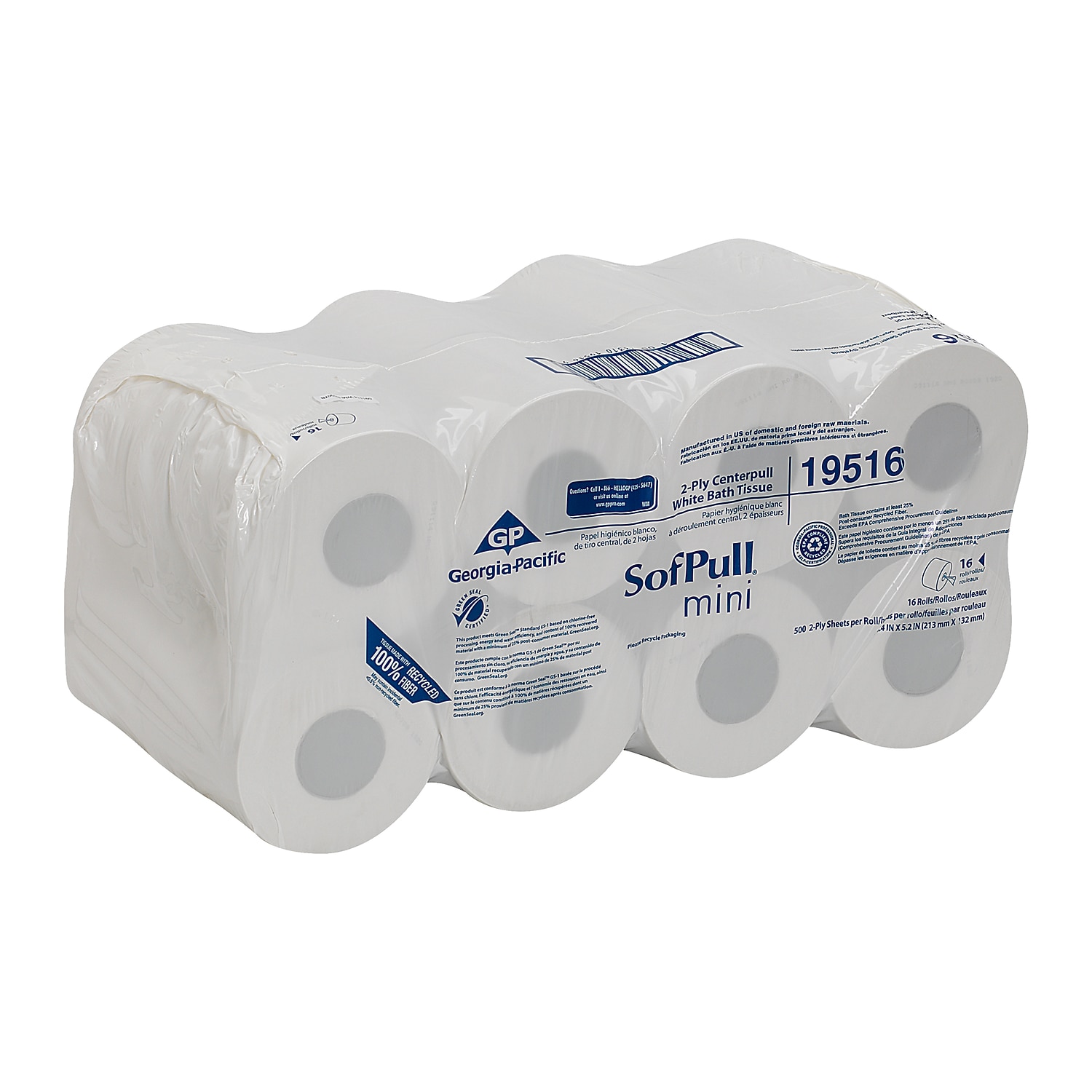 SofPull® Mini High-Capacity Centerpull 2-Ply Toilet Paper, 100% Recycled, 500 Sheets Per Roll, Pack Of 16 Rolls