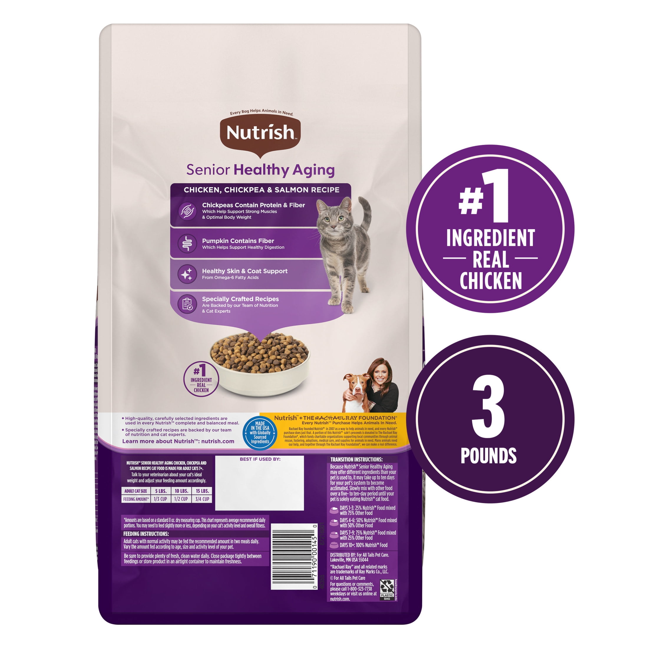 Nutrish Senior Healthy Aging Chicken, Chickpea and Salmon Dry Cat Food, 3 lb. Bag (Rachael Ray)
