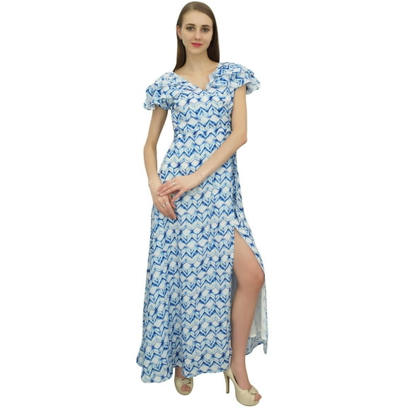 Bimba Women's Ruffly Sleeve Digital Print Wrap Long White Maxi Party Dress-4