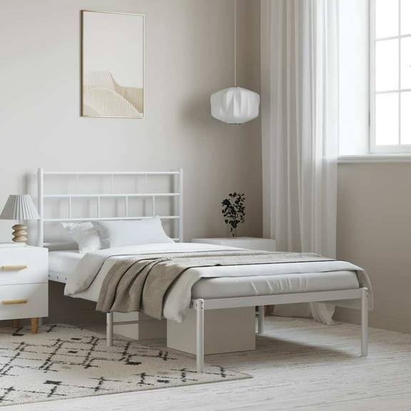 vidaXL White Metal Twin Bed Frame with Headboard, Heavy-Duty, Under-Bed Storage, No Mattress