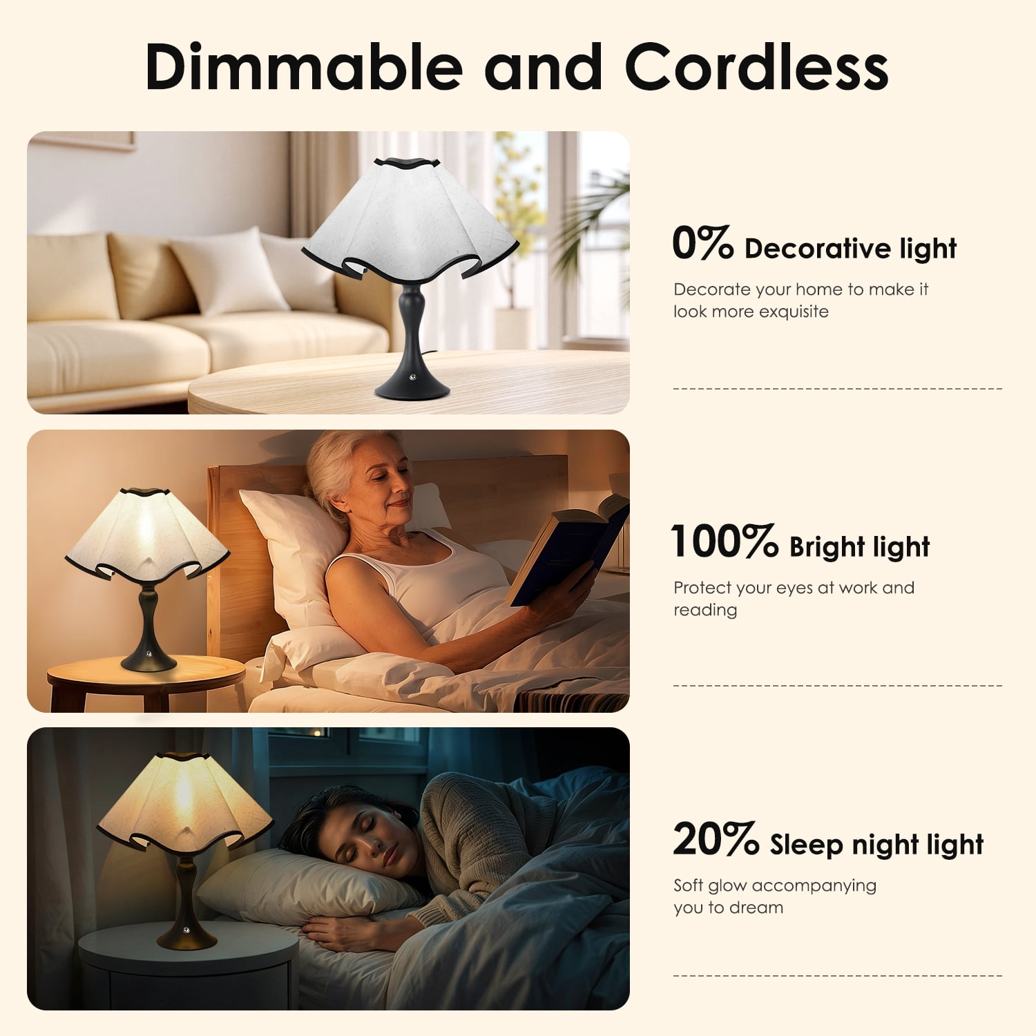WANALIT Table Lamps for Bedroom, Home Cordless Indoor Faux Linen Fabric Shade Desk Lamps with Touch Switch / Dimmer for Nightstand, Battery Operated Bedside Lamps for Living Room-Black