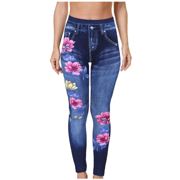 Mujeres Moda Casual Floral Impreso Cintura alta Imitación Denim Leggings Elasticidad Lápiz Pantalones Pantalones Pompotops ulkah943835