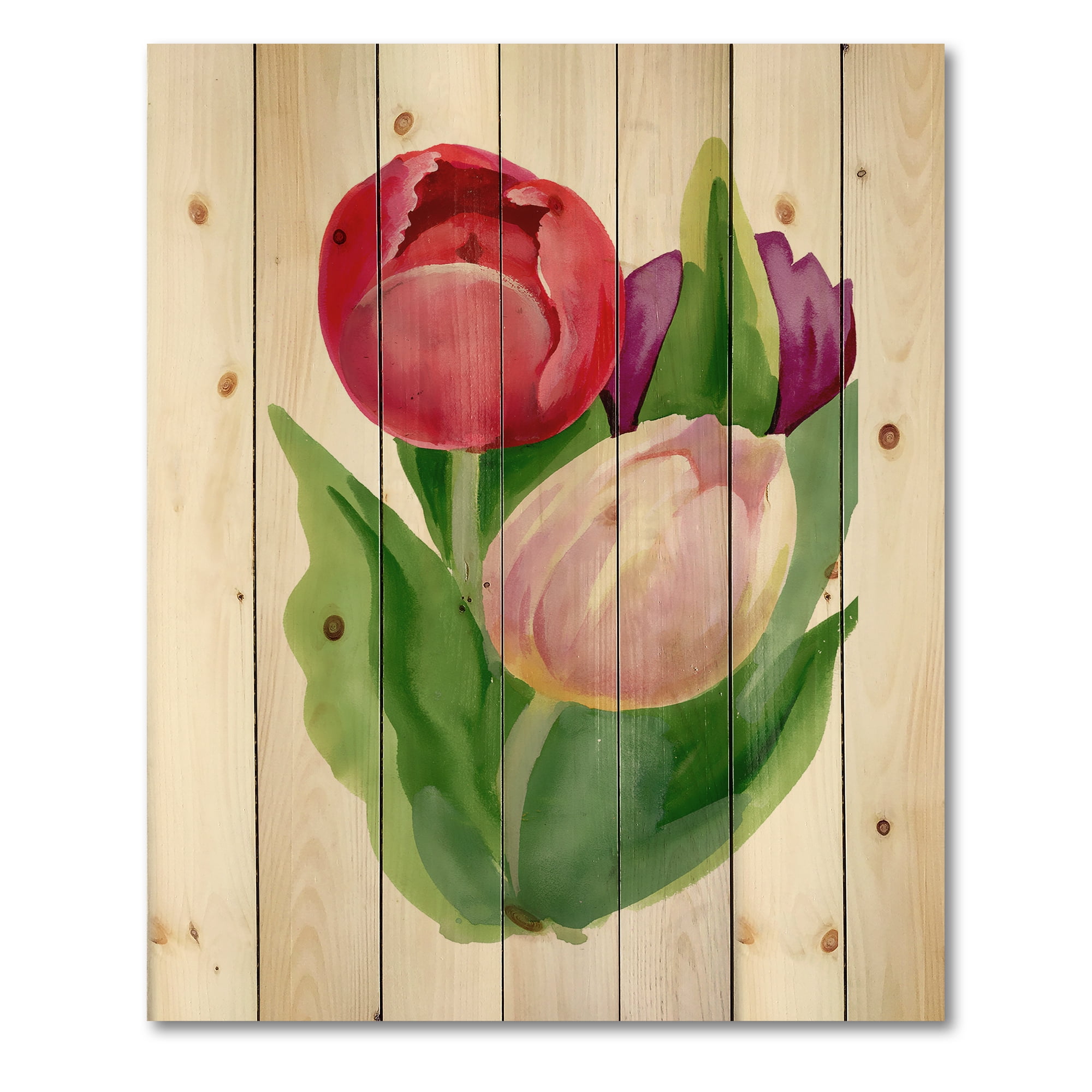 Designart 'Beautiful Tulip Flowers Red and Pink' Traditional Print on Natural Pine Wood