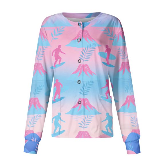 Scrub Jackets for Woman Long Sleeve Snap Front Lightweight Medical Uniforms Trendy Hawaiian Tropic Scrub Tops Soft Breathable Nursing Jacket Light pink 3XL