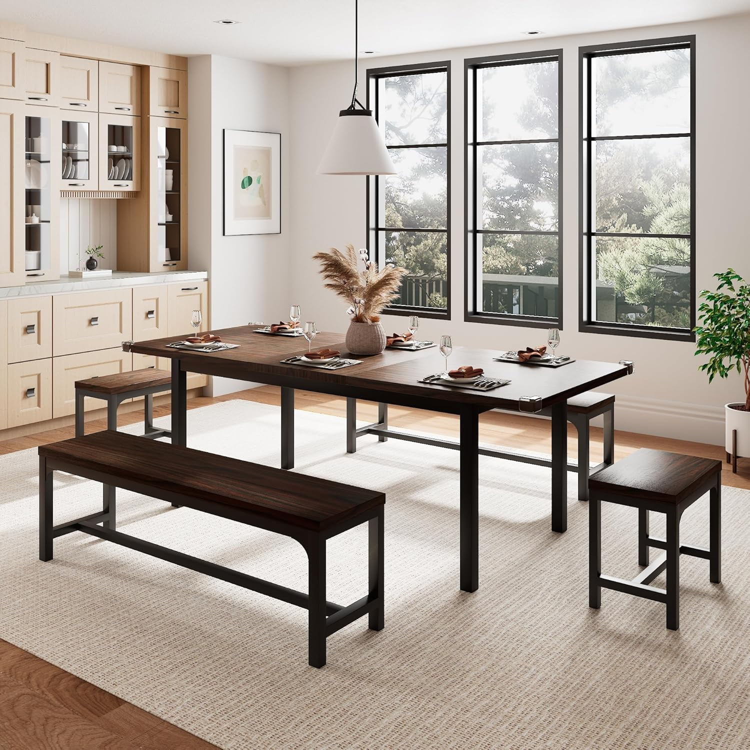 Honfach 5 Piece Dining Table Set for 4-8 People, 63" Large Extendable Kitchen Table Set with 2 Benches and 2 Square Stools, Dining Room Table with MDF Wood Board，Espresso