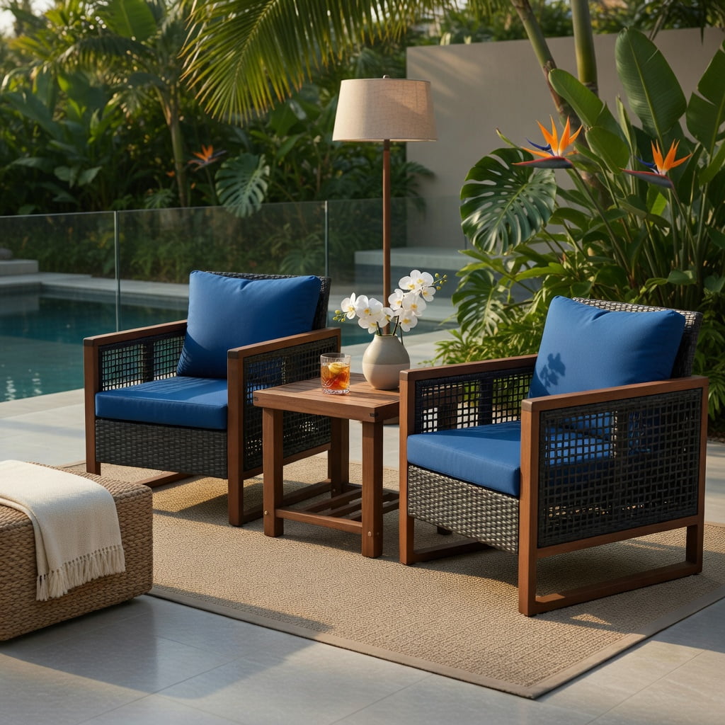 Hommoo 3-Piece Outdoor Wicker Patio Furniture Set, Rattan Sofa & Acacia Wood Coffee Table with Washable Cushions, Navy