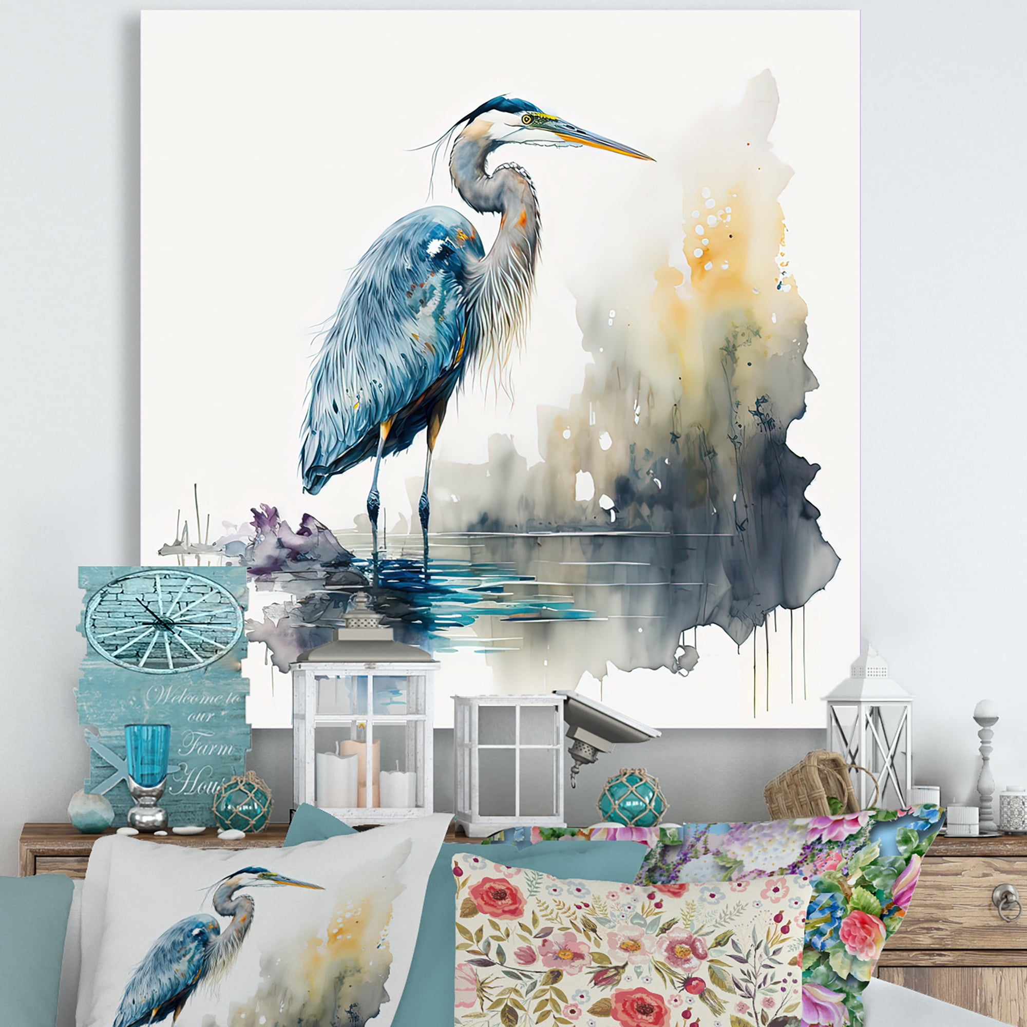 Designart Cute Heron In A Lake Floral Art III Canvas Wall Art