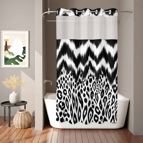 Black Stripe Waves Shower Curtain, Modern Abstract Minimalist Geometric Spot Lines Waterproof No Hooks Bath Shower Curtain with See Through Top Window for Bathroom Bathtub 36x78in