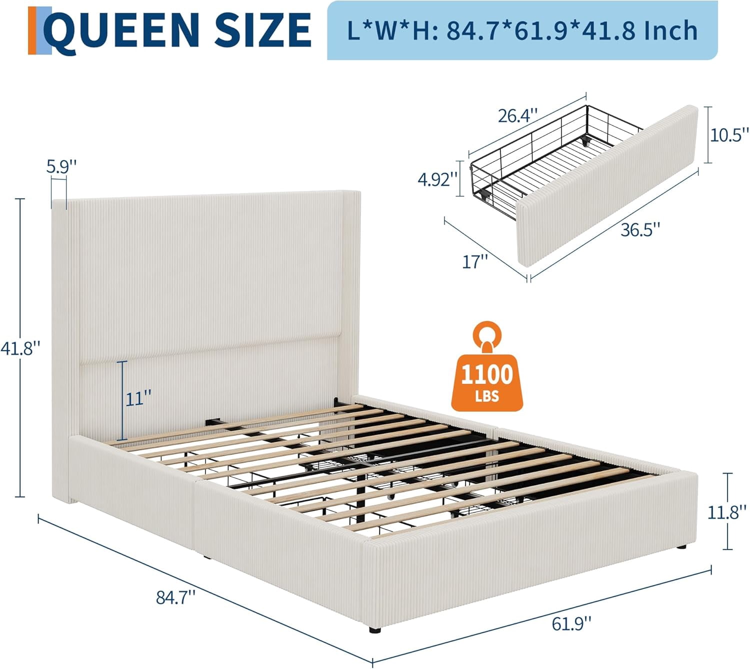 Queen Size Bed Frame with Storage Drawers, Corduroy Upholstered Platform Bed with Wingback, Tufted Headboard and Footboard, No Box Spring Needed, Beige