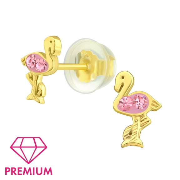 Gold Plated 925 Sterling Silver Flamingo Stud Earrings with Crystal