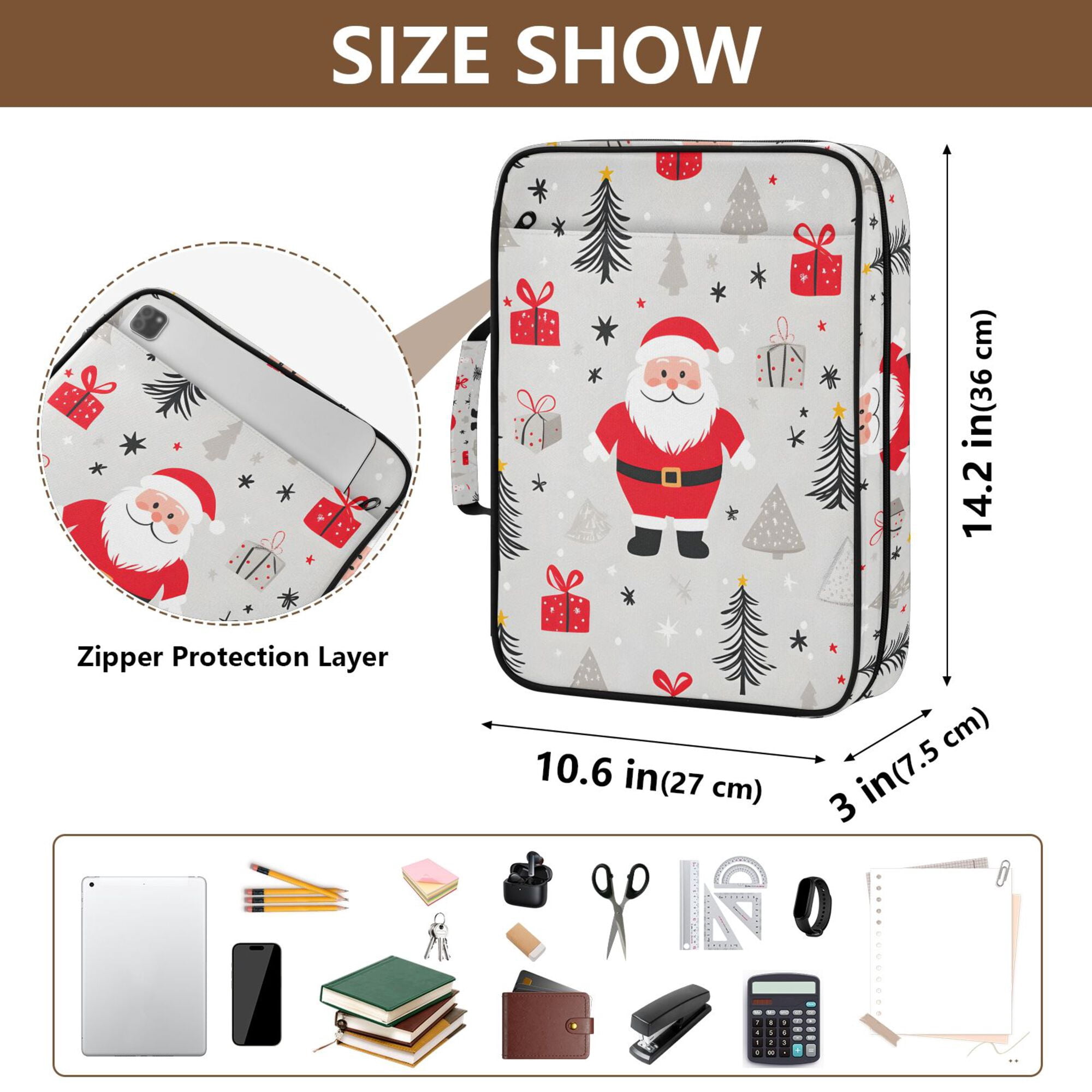 FORMRS Accordion File Folder A4 Size 7-Pocket Expanding Document Organizer Bag with 3 Ring Binder, Gray Christmas Santa