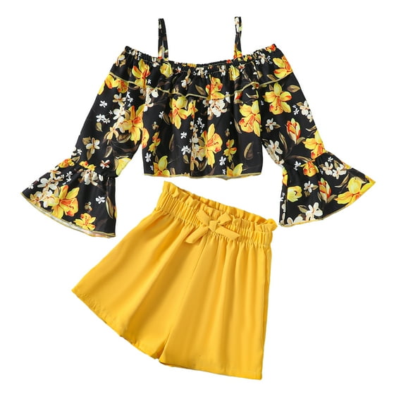 9Y Big Girls Clothes 10Y Girls 2PCS Summer Outfits Set Flower Print Off-the-shoulder Big Girls Long Sleeve Suspender Top Shorts Set Yellow