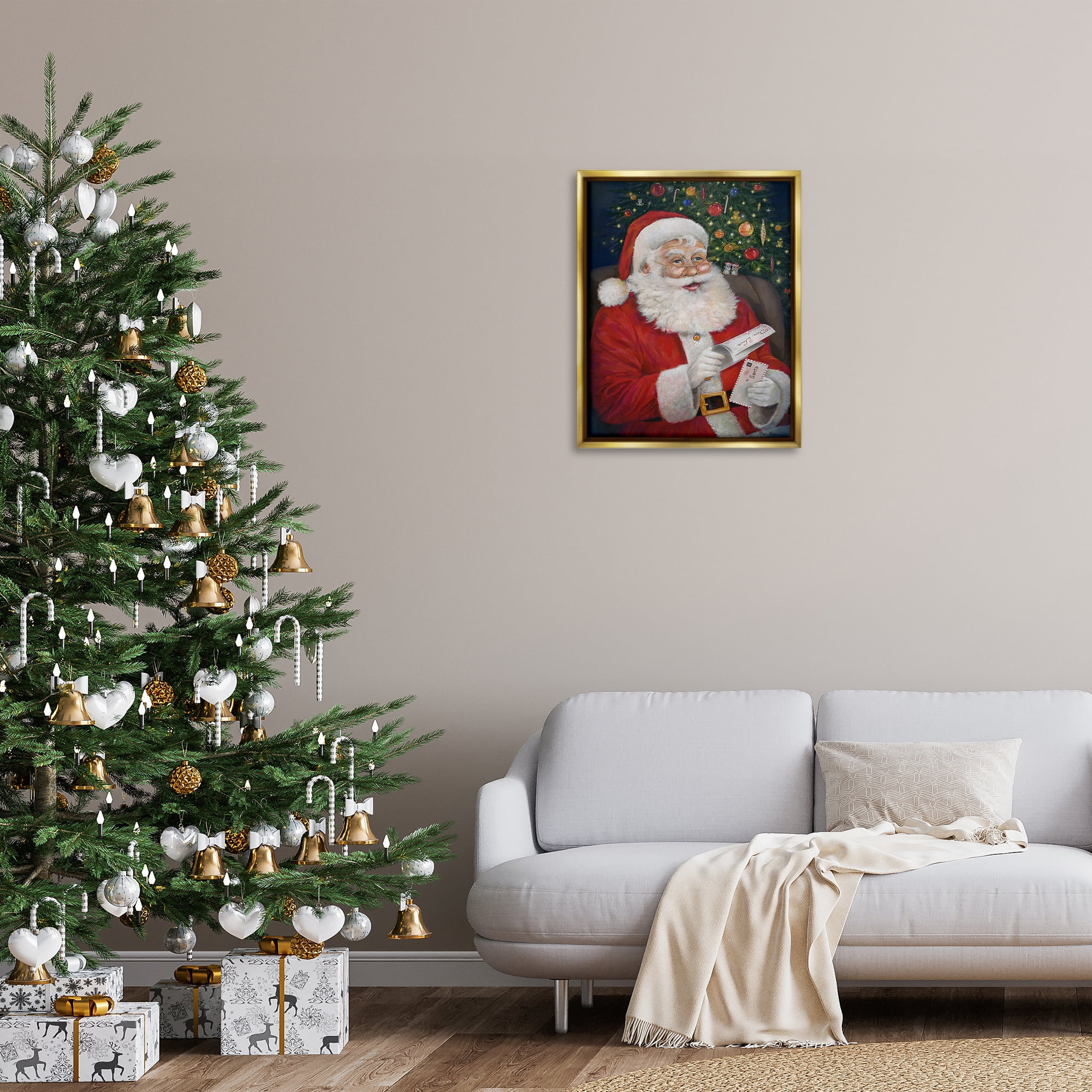 Stupell Industries Merry Santa Claus Holiday Painting Gold Floater Framed Canvas Art Prints Wall Art, 25 x 31