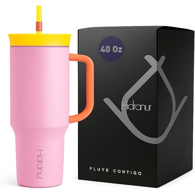 Termo con Asa y Popote Hidranur 40 Oz, Tapa Hermética Antifugas, Rosa