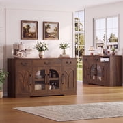 Keenstone Expandable Buffet Cabinet with Storage, 55.1 W Sideboard Cabinet with Drawers and Glass Doors, Coffee Bar Cabinet with Adjustable Shelves, Dark Brown