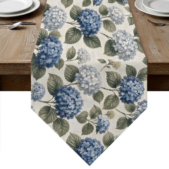 Blue Hydrangea Table Runner Linen Burlap Table Runner 70 Inches Long Retro Botanical Floral Farmhouse Dresser Scarves for Kitchen Island Coffee Dining Room Party Wedding Holiday Decoration 13"x70"