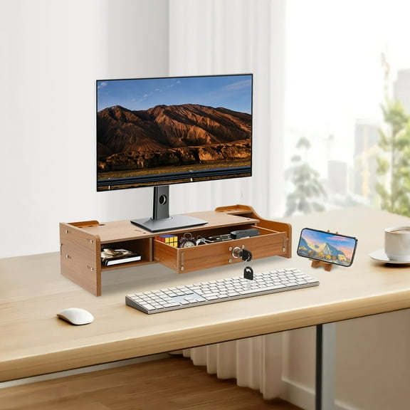Ergonomic Cherry Wood Monitor Stand Riser with Storage, Drawer with Lock, Mobile Phone Holder, for Office & Home Desk, Durable, Space-Saving Design