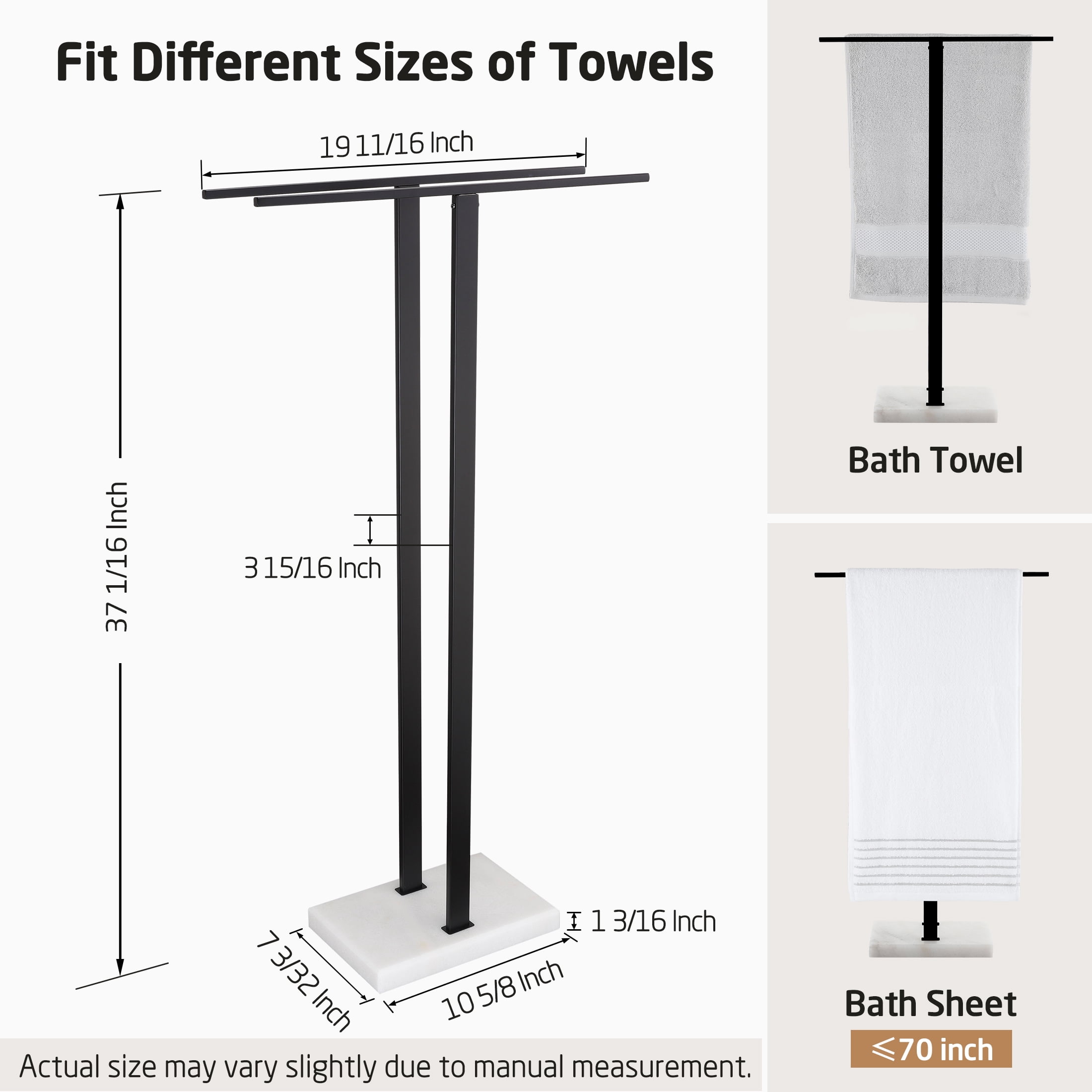 KES Black Standing Towel Rack, 37" H (Equal Height) Towel Stand with Marble Base, Free Standing Towel Racks for Bathroom Floor, 18/8 Stainless Steel, WMBTR005BK