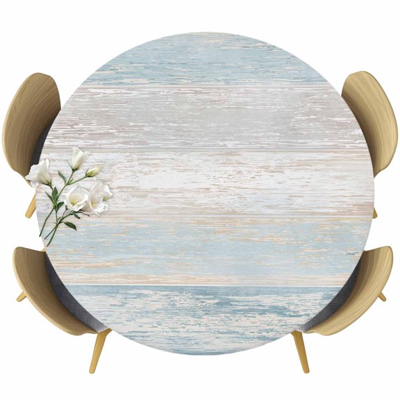 Blue Beige Farmhouse Round Tablecloth 45-54 Inch Round Fitted Table Cloth with Elastic Edge, Vintage Wooden Striped Waterproof Table Cover Protector for Outdoor Picnic Party Dining